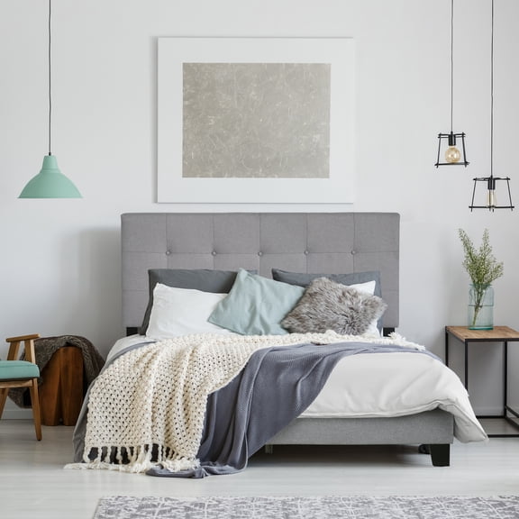 Furinno Laval Button Tufted Bed Frame, 12PC Slat Style, Glacier, King