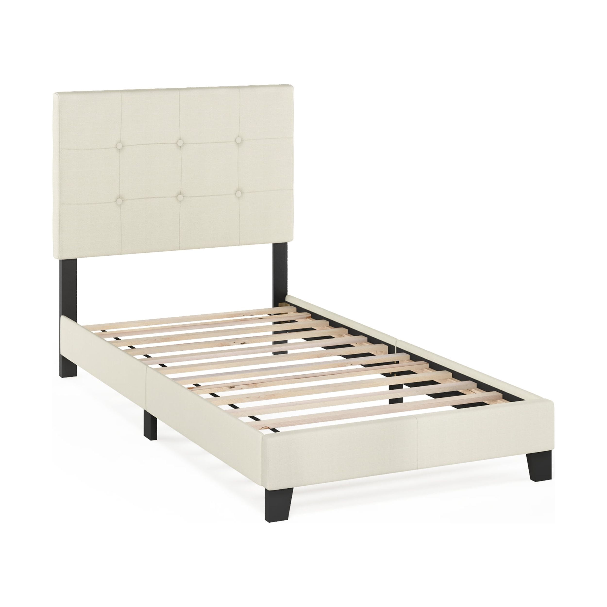 Furinno Laval Button Tufted Bed Frame, 12PC Slat Style, Linen, Twin