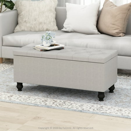 Furinno Laval Button Tufted Storage Ottoman Bench for Entryway and Bedroom, Glacier