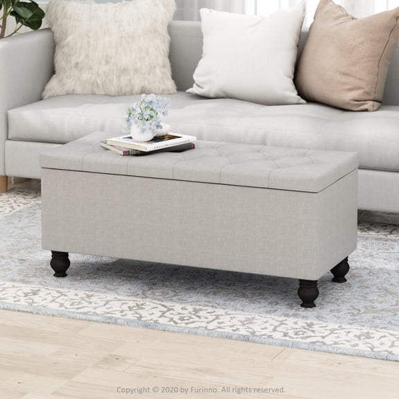 Furinno Laval Button Tufted Storage Ottoman Bench for Entryway and Bedroom, Glacier