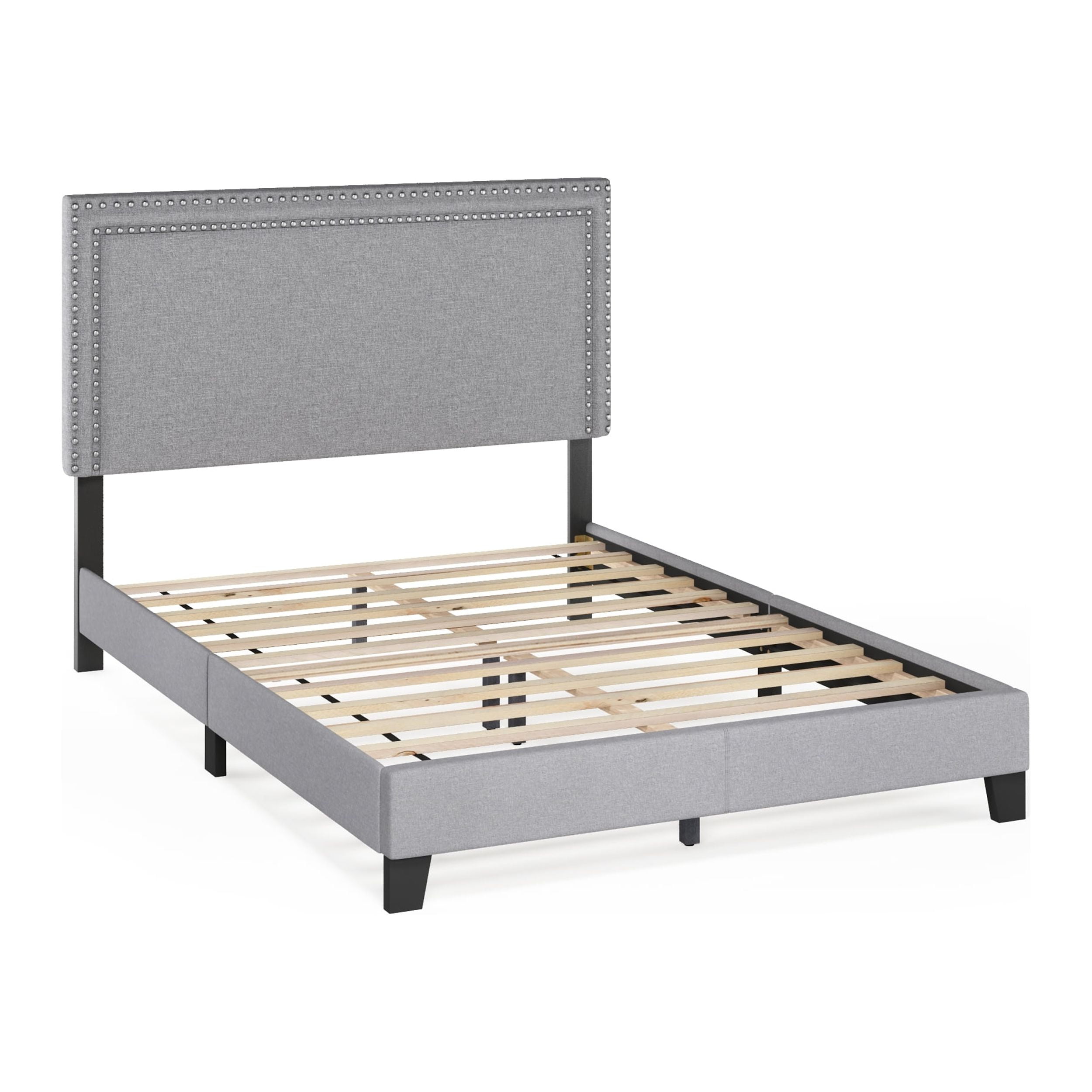 Furinno Laval Double Row Nail Head Bed Frame, 12PC Slat Style, Glacier