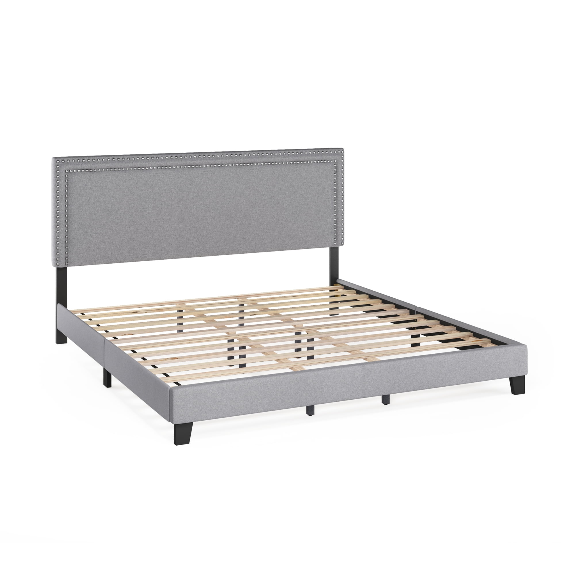Furinno Laval Double Row Nail Head Bed Frame, 12PC Slat Style, Glacier