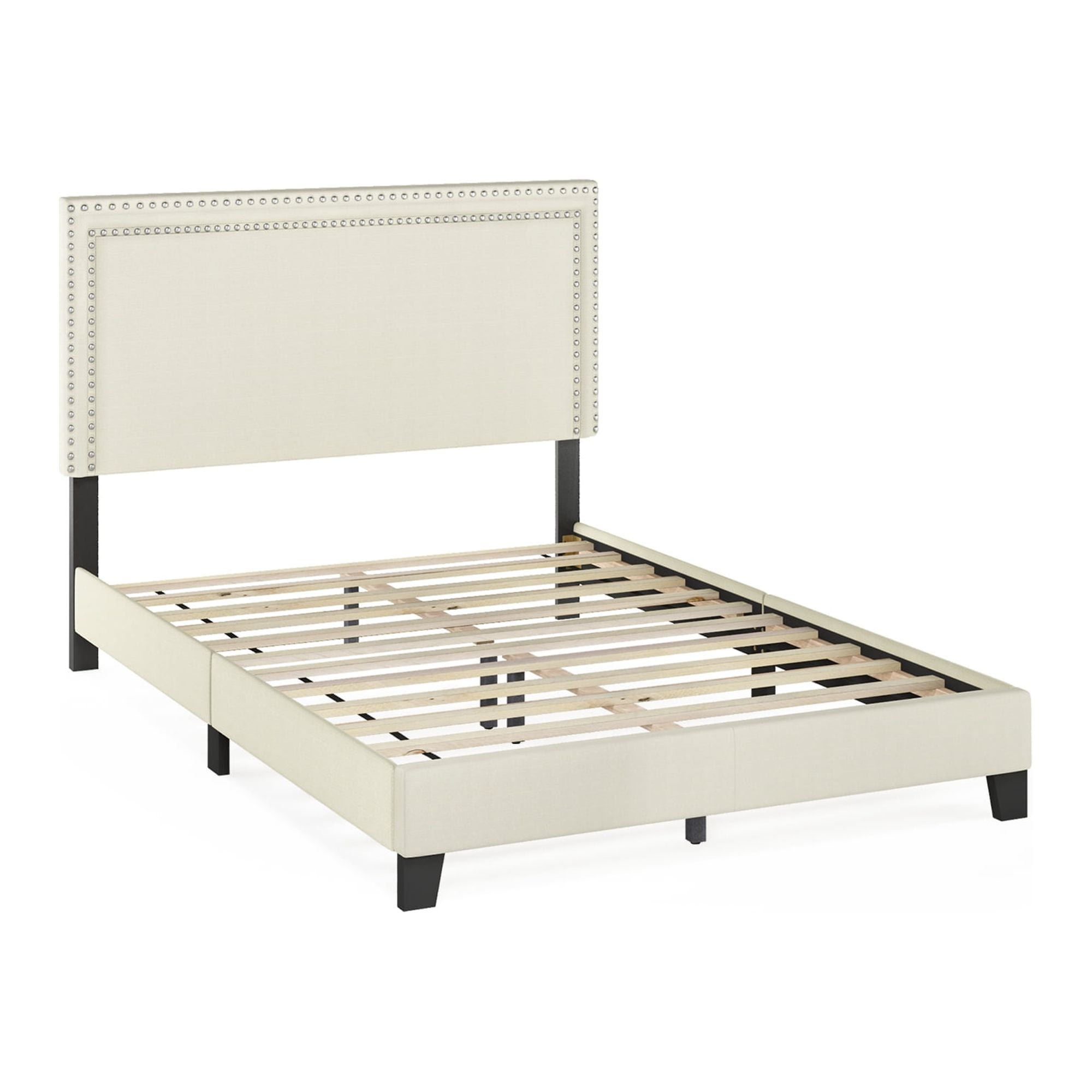 Furinno Laval Double Row Nail Head Bed Frame, 12PC Slat Style, Linen ...