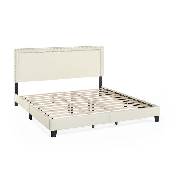 Furinno Laval Double Row Nail Head Bed Frame, 12PC Slat Style, Linen, King