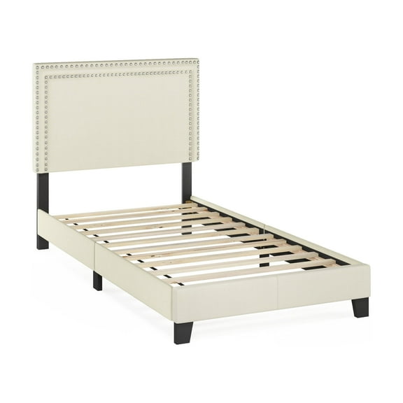 Furinno Laval Double Row Nail Head Bed Frame, 12PC Slat Style, Linen, Twin