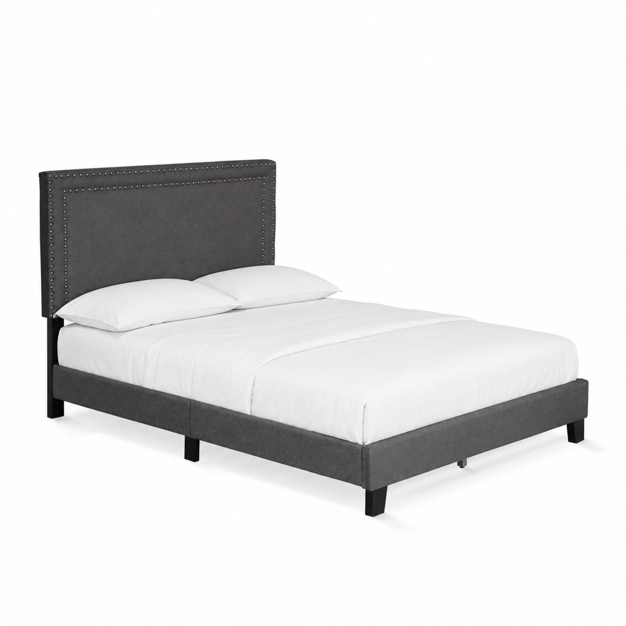Furinno LAVAL Full Upholstered Bed Frame with Double-Row Nailhead Headboard and 12-Piece Wooden Slat Support, Dark Grey