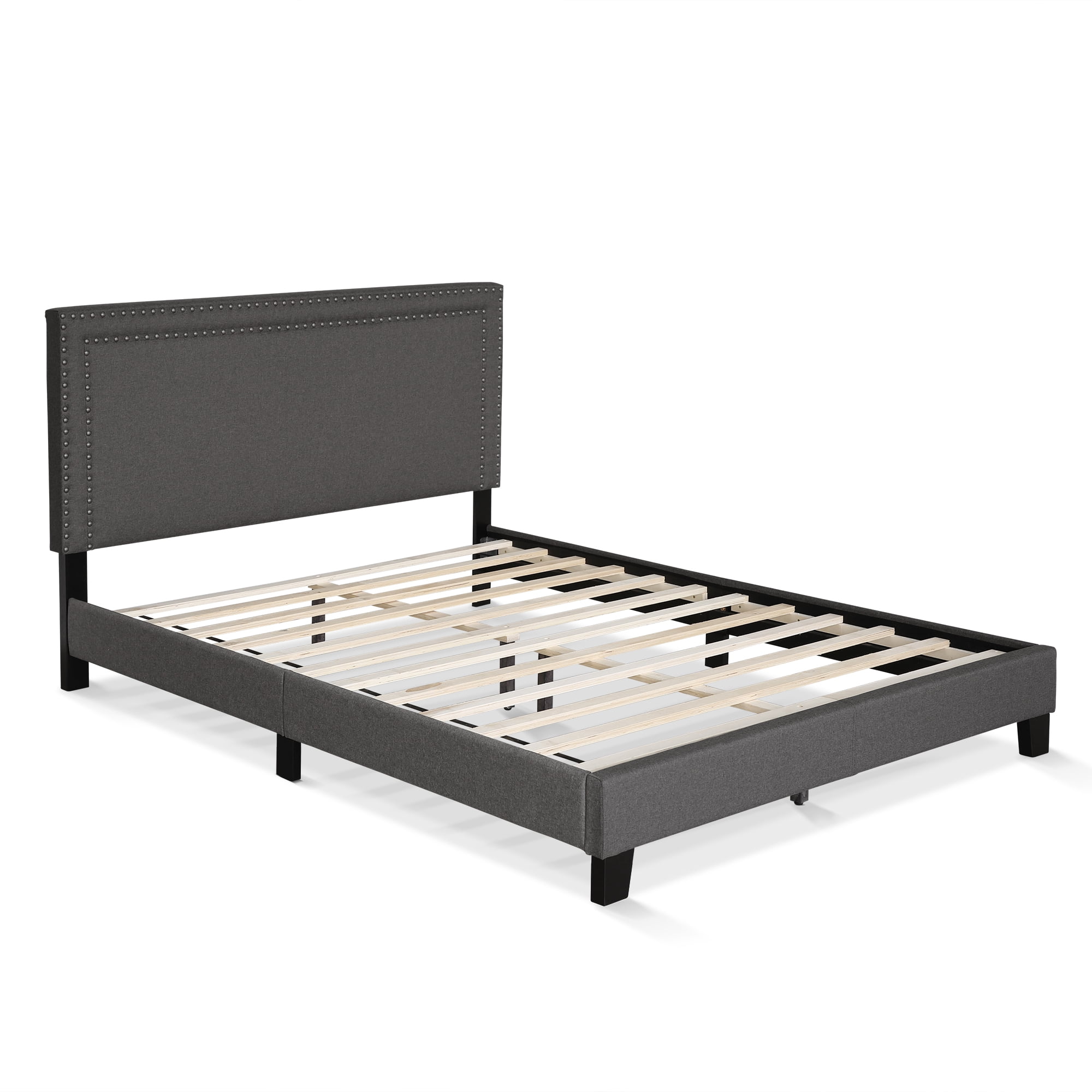 Furinno LAVAL Queen Upholstered Bed Frame with Double-Row Nailhead Headboard and 12-Piece Wooden Slat Support, Dark Grey