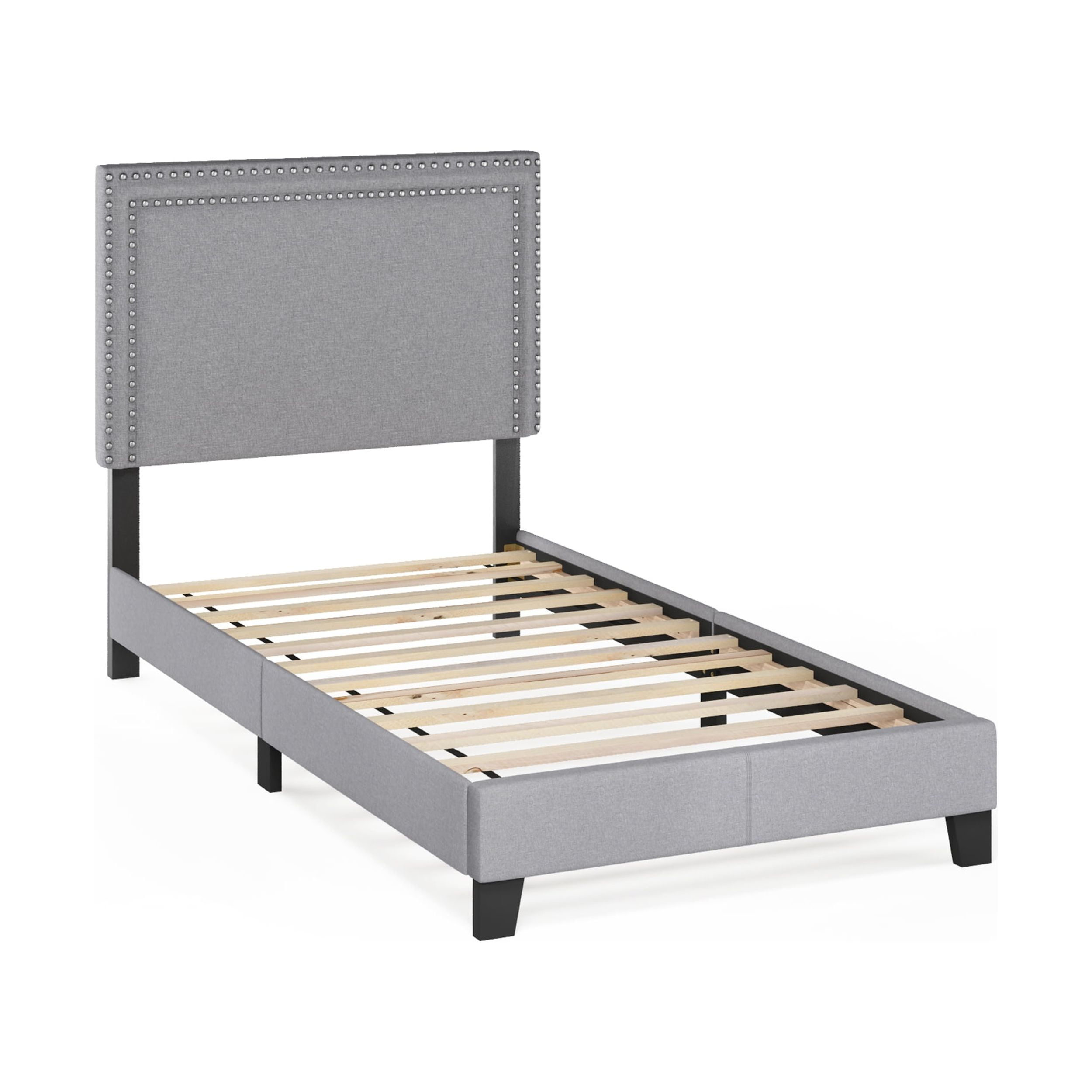 Furinno LAVAL Twin Upholstered Bed Frame with Double-Row Nailhead Headboard and 12-Piece Wooden Slat Support, Light Grey
