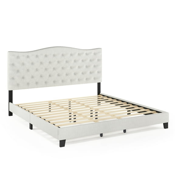 Furinno Lille Button Tufted Bed Frame, Linen, King