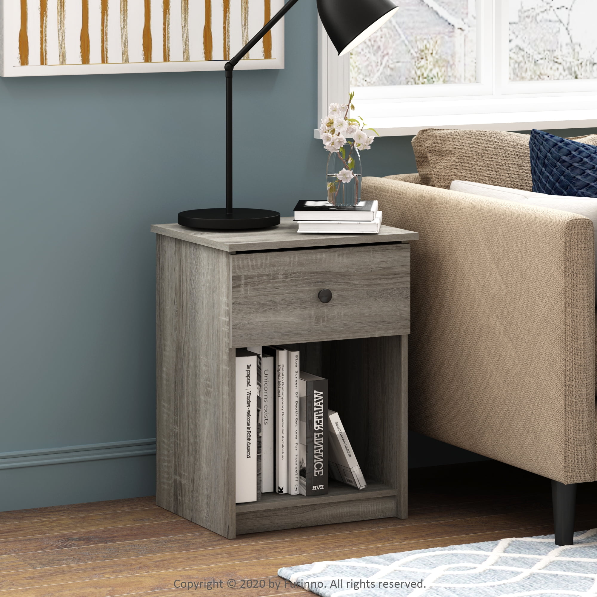 French Oak Grey Engineered Wood 1-Drawer Nightstand