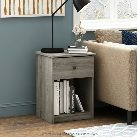 Furinno Lucca Nightstand with One Drawer, French Oak Grey