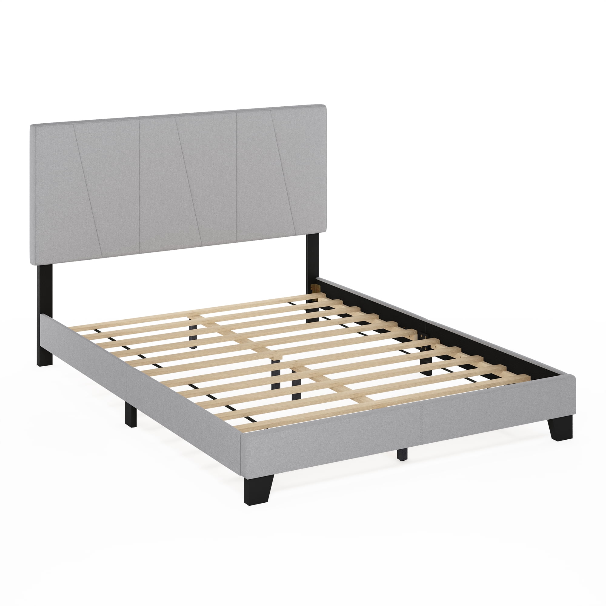 Furinno LUCY Queen Upholstered Bed Frame with Adjustable Geometric Headboard and 12-Piece Wooden Slat Support, No Box Spring Required, Light Grey