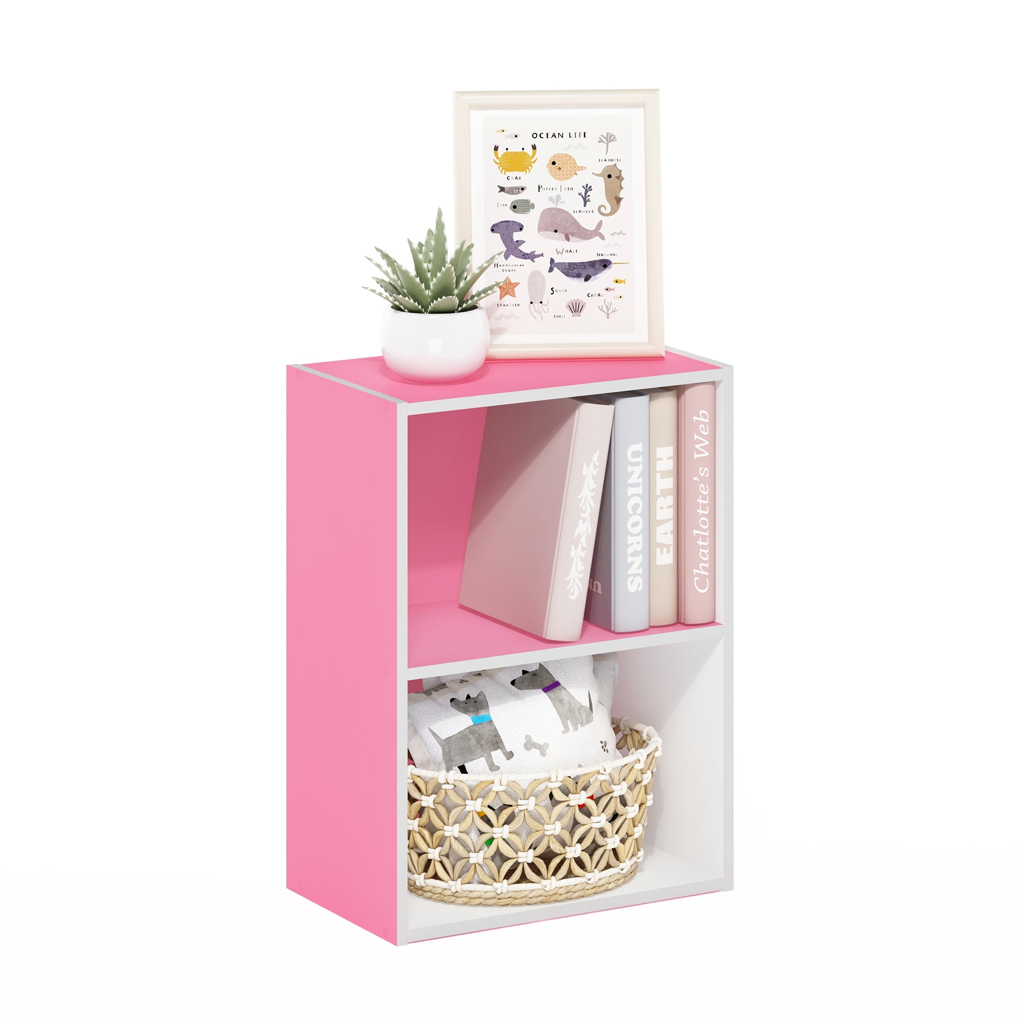 Furinno Luder 2-Tier Open Shelf Bookcase, Pink/White