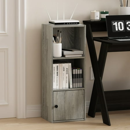 Furinno Luder 3-Tier Shelf Bookcase with 1 Door Storage Cabinet, French Oak