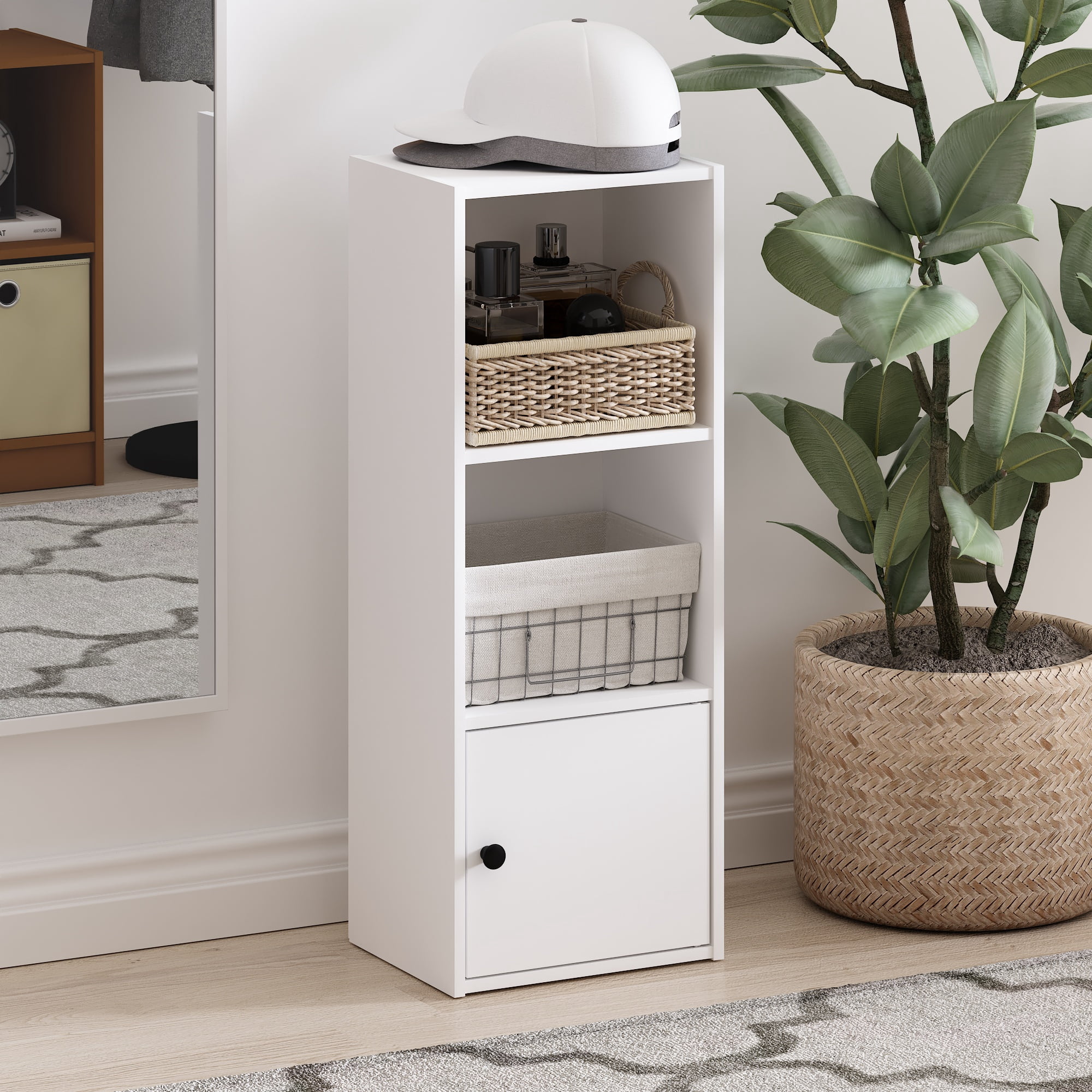 Furinno Luder 3-Tier Shelf Bookcase with 1 Door Storage Cabinet, White