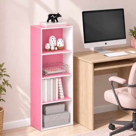 Furinno Luder 4-Tier Open Shelf Bookcase, Pink/White