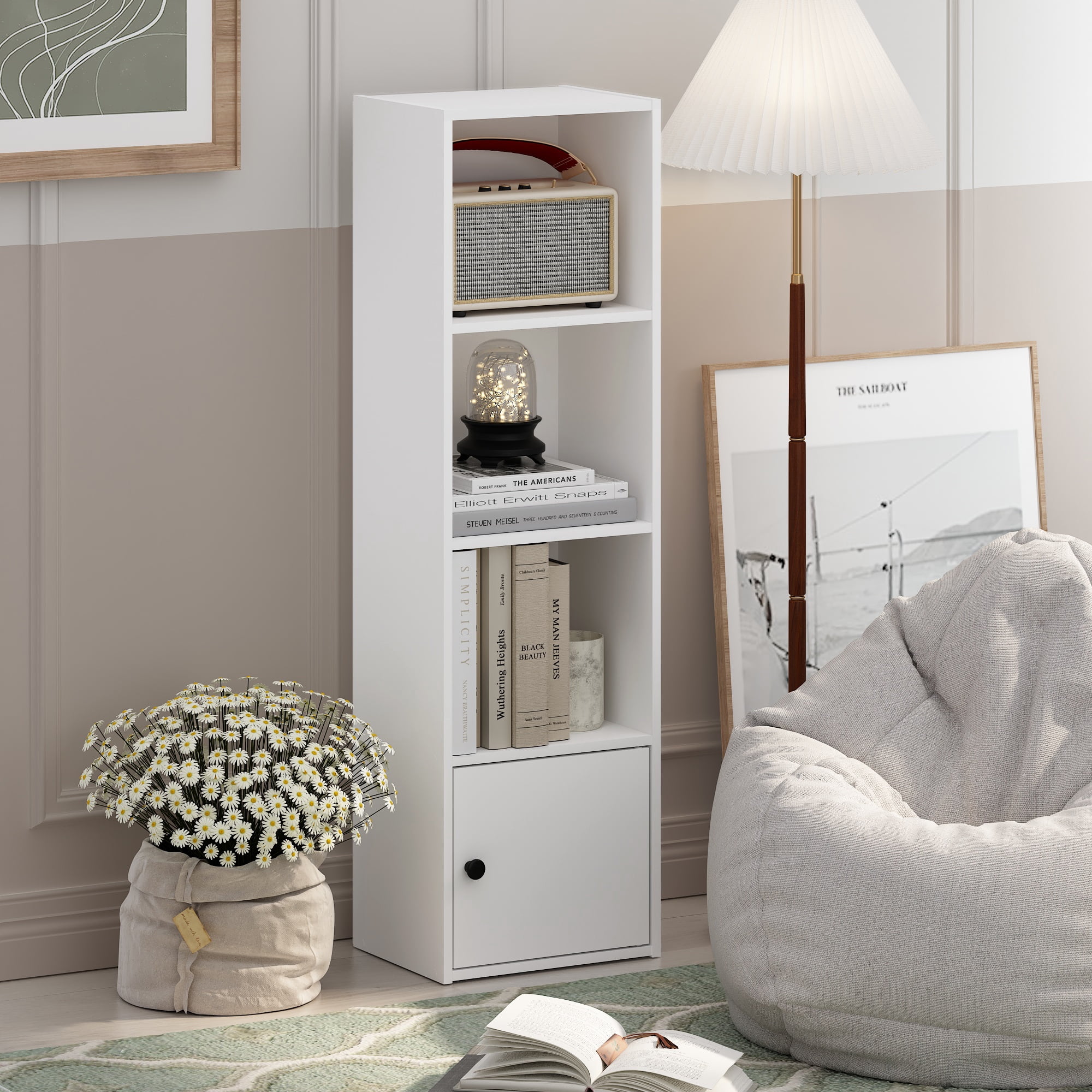 Furinno Luder Adult 4-Tier Shelf Bookcase with 1 Door Storage Cabinet, White