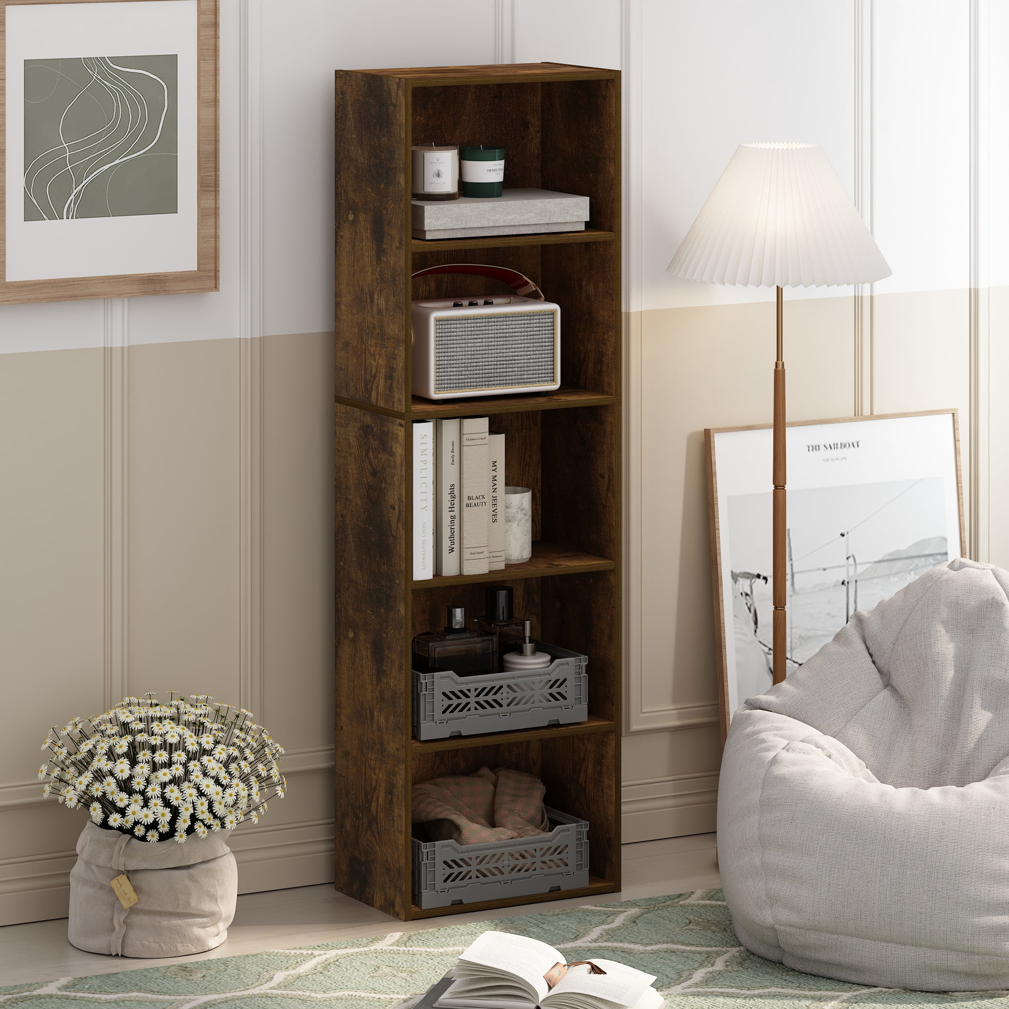 Furinno LUDER 5-Tier Reversible Color Open Shelf Bookcase in Amber Pine
