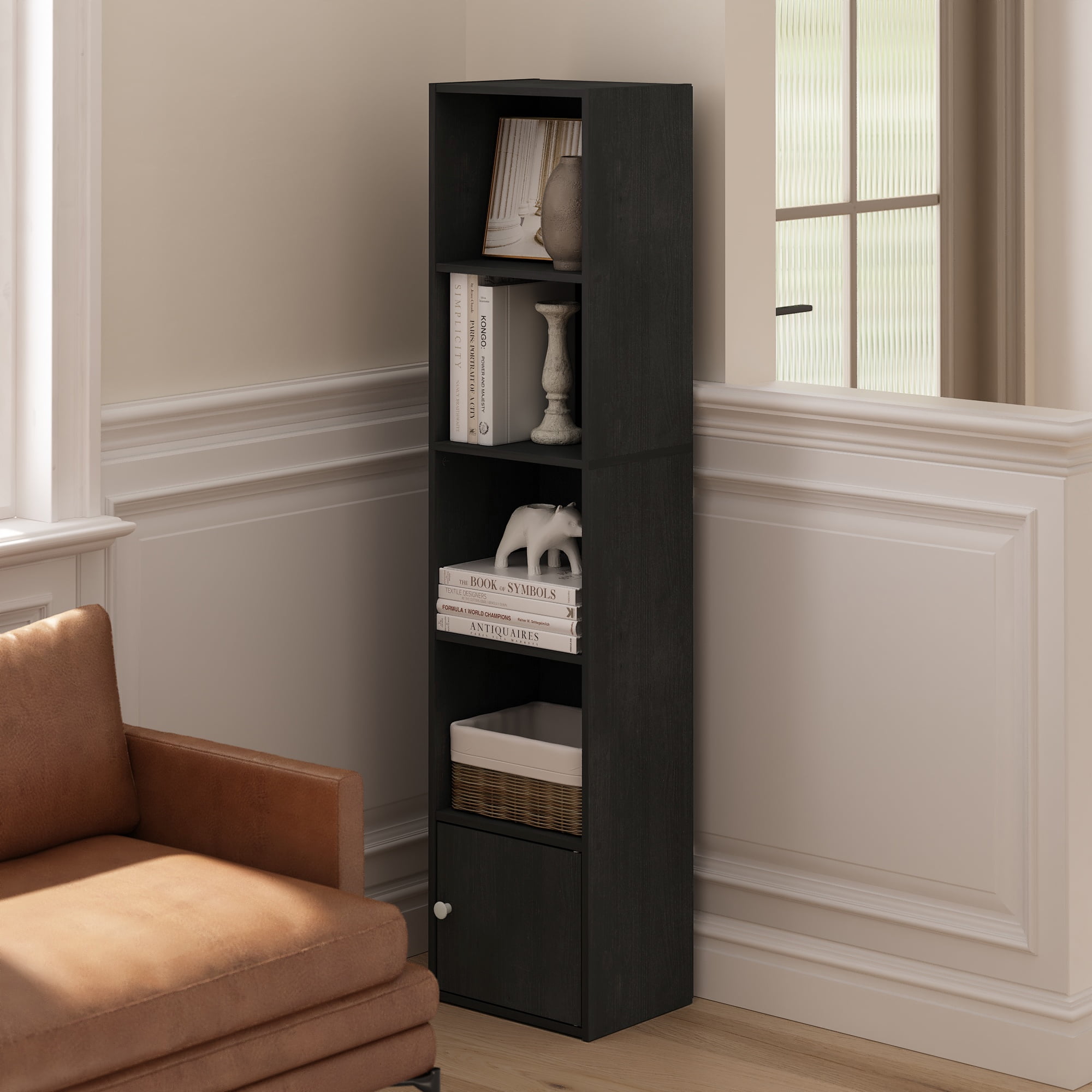 Blackwood 5-Tier Tall Bookcase with Door Storage Cabinet