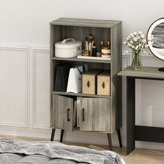 Furinno Mid-Century Open Display Shelves & Storage Cabinet with Wooden Legs, French Oak Grey