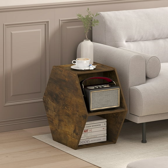 Furinno Modern Hexagonal Coffee Table with Open Storage Shelf, Amber Pine