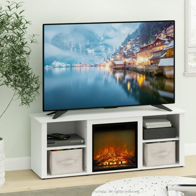 Furinno Montale 60 Inch TV Stand with Fireplace Solid White