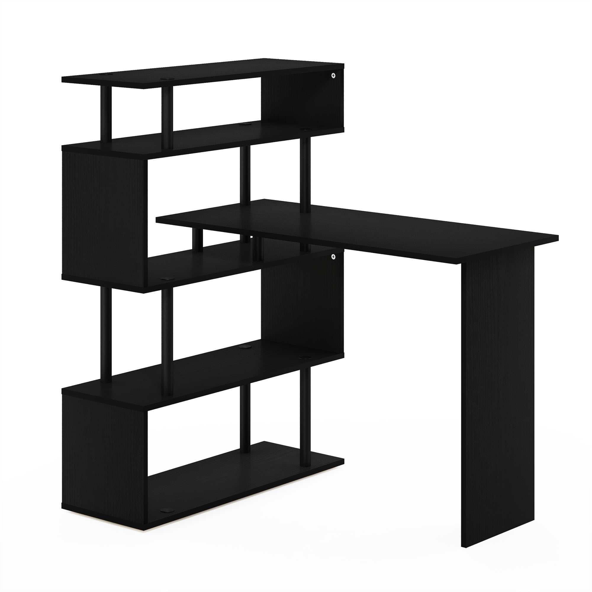 L-Shape Black Wood Corner Computer Desk with 5-Tier Shelves
