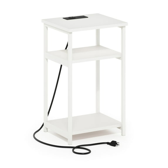 Furinno Moretti 3-Tier Metal Frame Open Storage Side Table, End Table with USB and Type-C Charging Station, White/White