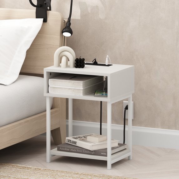 Furinno Moretti 3-Tier White End Table with Charging Station, Metal Frame Side Table with USB and Type-C Charging Port, Night Stand, Bedside Table for Living Room, Bedroom, Plain White