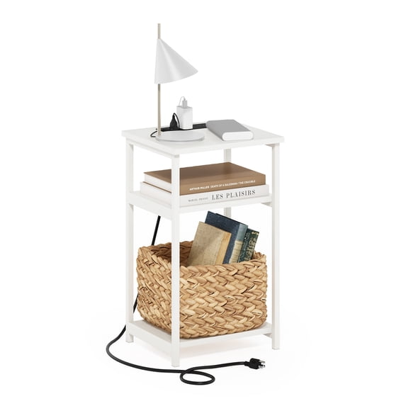 Furinno Moretti 3-Tier White End Table with Charging Station, Metal Frame Side Table with USB and Type-C Charging Port, Night Stand, Bedside Table for Living Room, Bedroom, Plain White