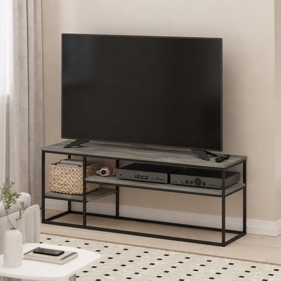 Furinno Moretti TV Stand for TVs up to 65 Inch, 3-Tier Grey Entertainment Center, Open Back TV Console with Cable Management, for Living Room, Bedroom, Grey Oak