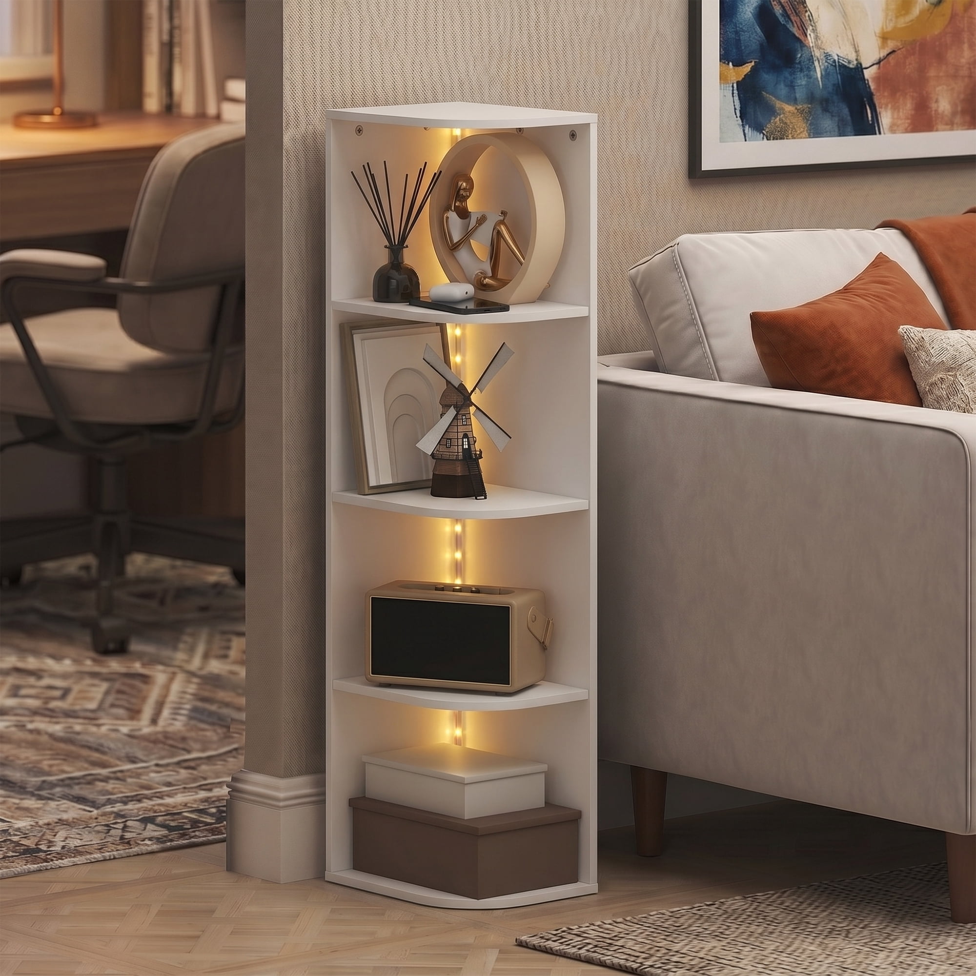 Furinno PASIR 4-Tier LED Open Corner Shelf Bookcase 9.3 x 12 x 41.4 ...