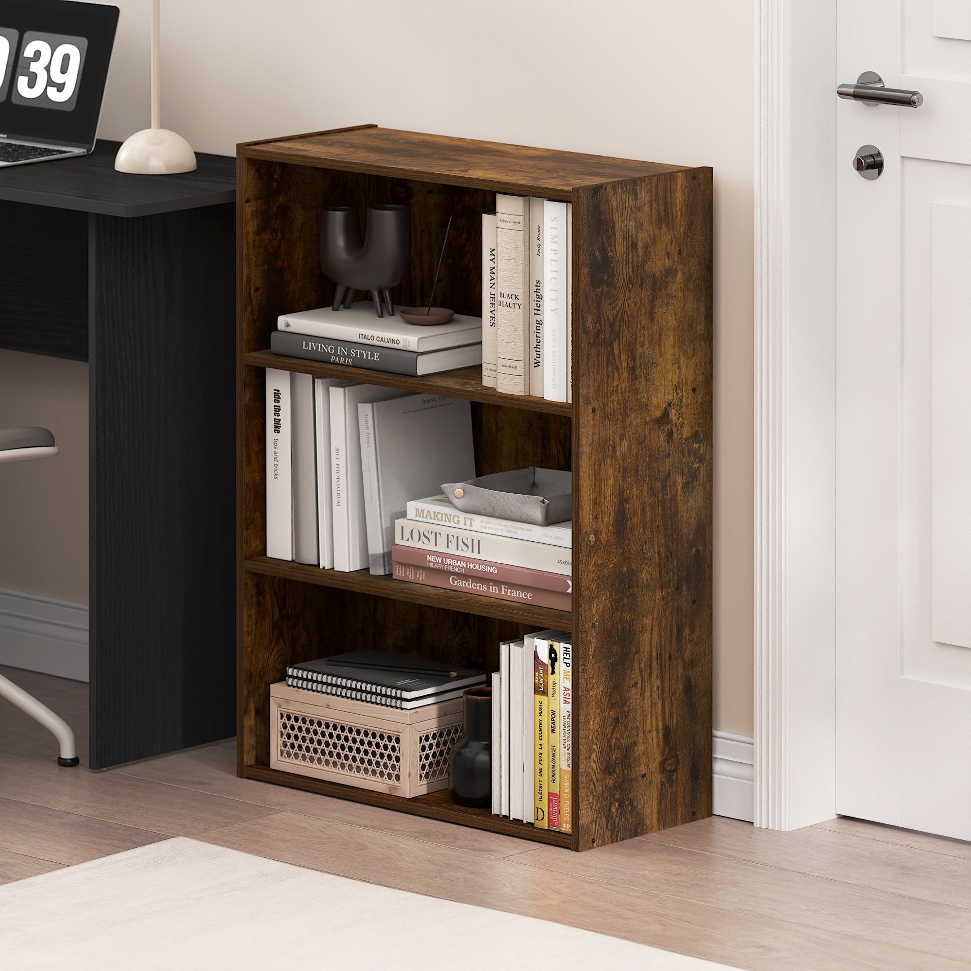 Furinno PASIR Book Shelf, 3-Tier Bookshelf, Storage Shelves Bookcase, 9.7 x 23.7 x 31.5, for Living Room, Bedroom, Home Office, Amber Oak