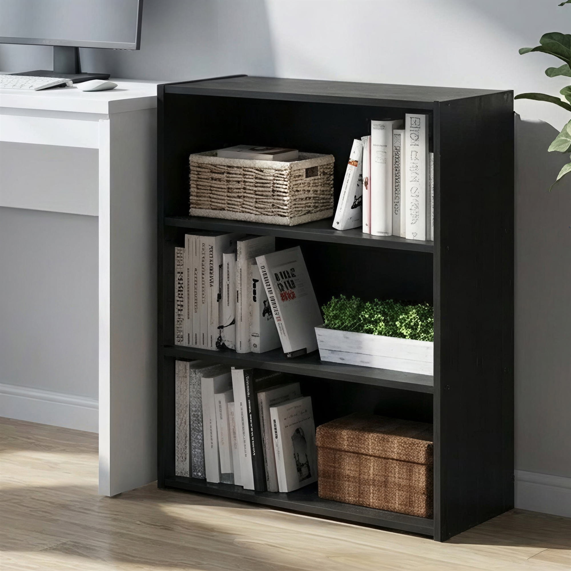 Furinno PASIR Book Shelf, 3-Tier Bookshelf, Storage Shelves Bookcase, 9.7 x 23.7 x 31.5, for Living Room, Bedroom, Home Office, Dark Americano