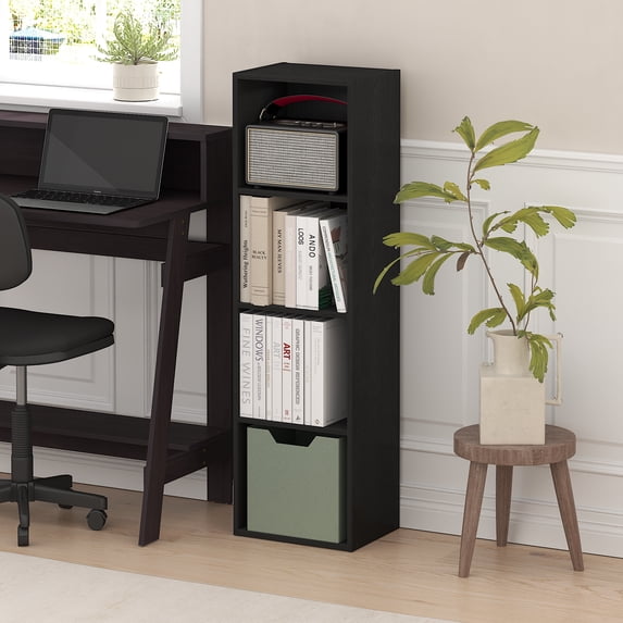 Furinno PASIR Book Shelf, 4-Tier Bookcase, Bookshelf, Open Storage Shelf, 9 x 12 x 42 Inches, for Home Office, Living Room, Darkwood