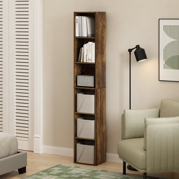 Furinno PASIR Book Shelf, 6-Tier Bookcase, Bookshelf, Open Storage Shelf, 9.4 x 12 x 71 Inches, for Home Office, Living Room, Amber Oak