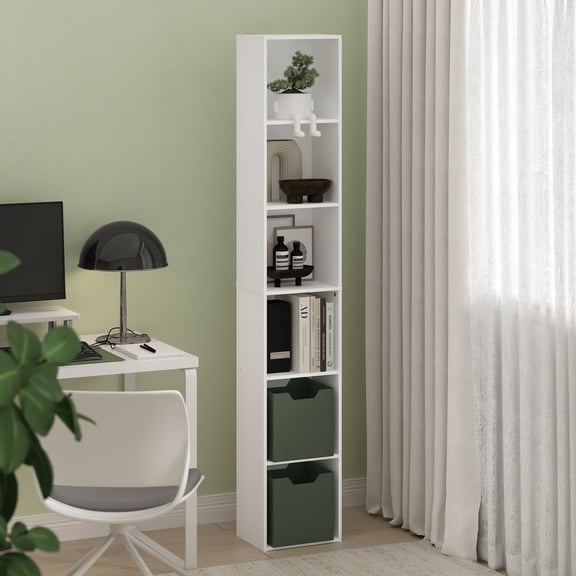 Furinno PASIR Book Shelf, 6-Tier Bookcase, Bookshelf, Open Storage Shelf, 9.4 x 12 x 71 Inches, for Home Office, Living Room, Plain White