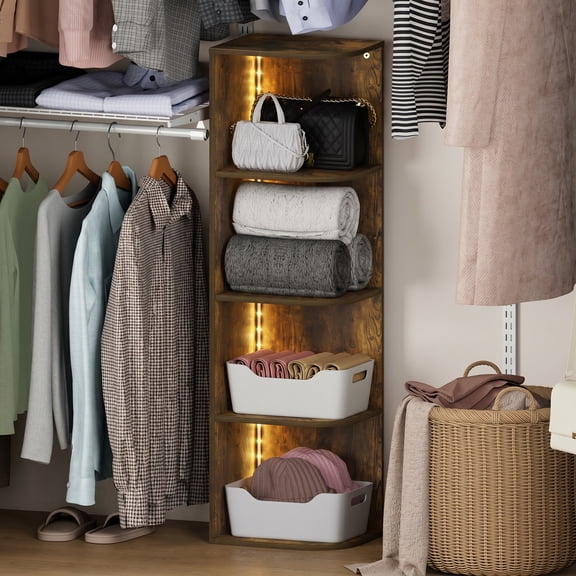 Furinno PASIR Closet Organizer with LED Lights, 4-Tier LED Closet Organizers and Storage, Open Corner Shelf Closet Storage, 9.3 x 12 x 41.4, for Wardrobe, Closet, Bedroom, Entryway, Amber Pine