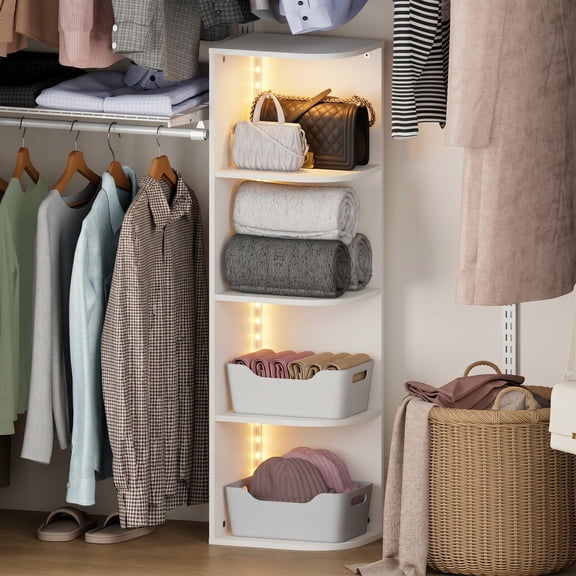 Furinno PASIR Closet Organizer with LED Lights, 4-Tier LED Closet Organizers and Storage, Open Corner Shelf Closet Storage, 9.3 x 12 x 41.4, for Wardrobe, Closet, Bedroom, Entryway, White