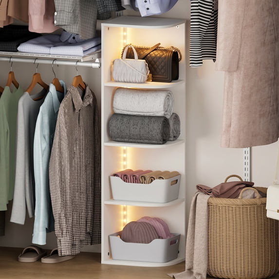 Furinno PASIR 4-Tier LED Closet Organizers. Open Corner Shelf Storage. White
