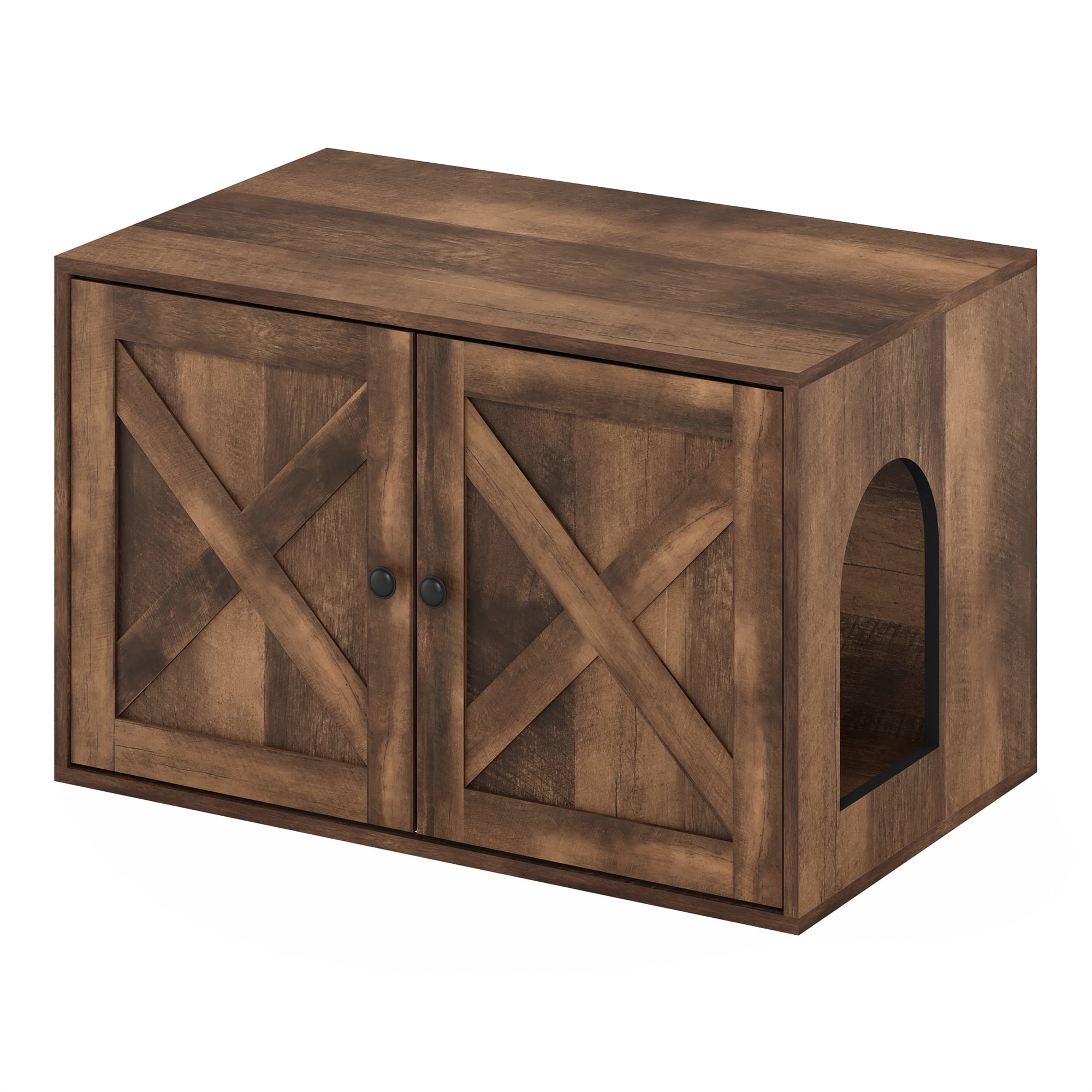 Furinno PELI Cat Litter Box Enclosure, Farmhouse Hidden Litter Box Furniture with Side Entrance, Wooden Pet House with 2 Slatted Doors, Easy Assembly, for Living Room, Rustic Brown