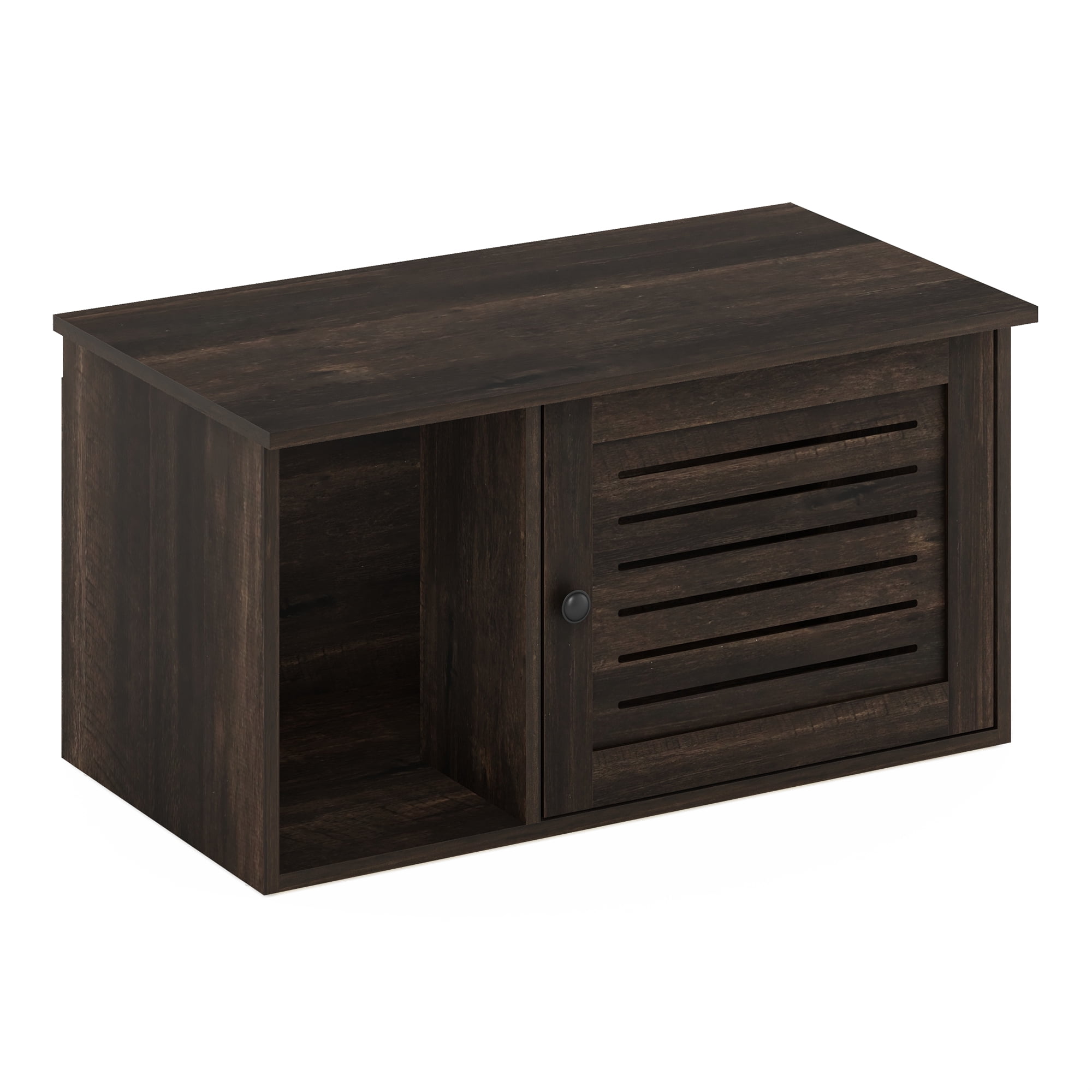 Furinno PELI Cat Litter Box Enclosure, Farmhouse Hidden Litter Box Furniture with Side Entrance, Wooden Pet House with Slatted Door, Easy Assembly, for Living Room, Ebony