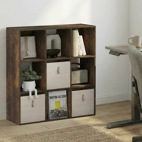 Furinno PELLI 9-Cube 3x3 Cube Bookcase 11.7 x 35.3 x 35.4 Amber Pine