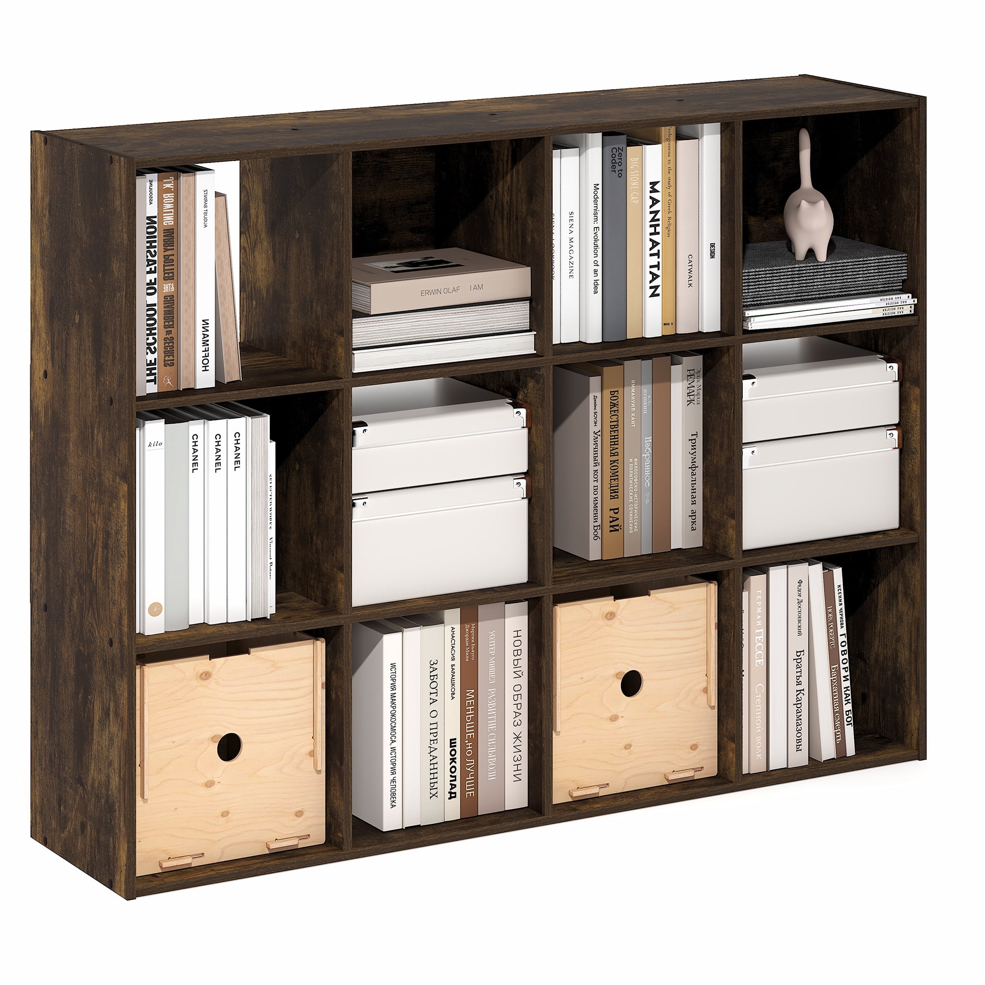 Furinno PELLI 12-Cube Storage Bookshelf for Living Room Bedroom Amber Pine