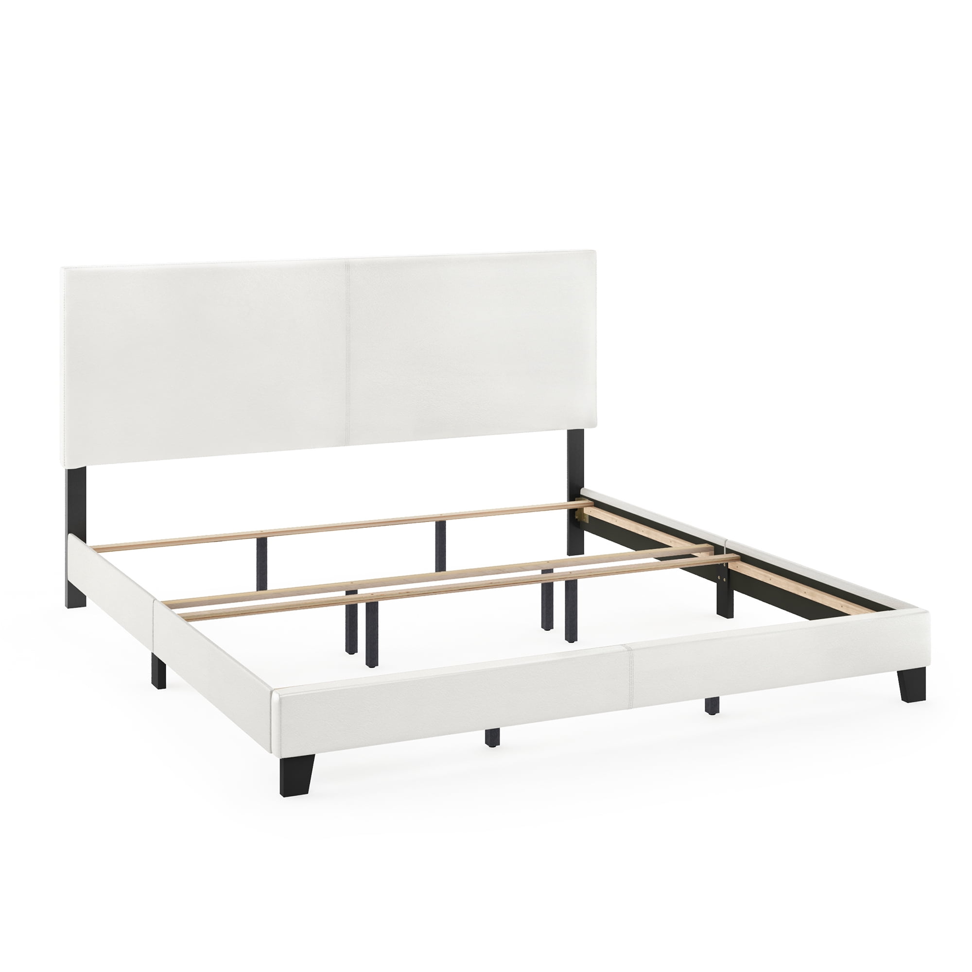 Furinno PESSAC King Upholstered Bed Frame with PU Leather Headboard and Wooden Slat Support, Plain White
