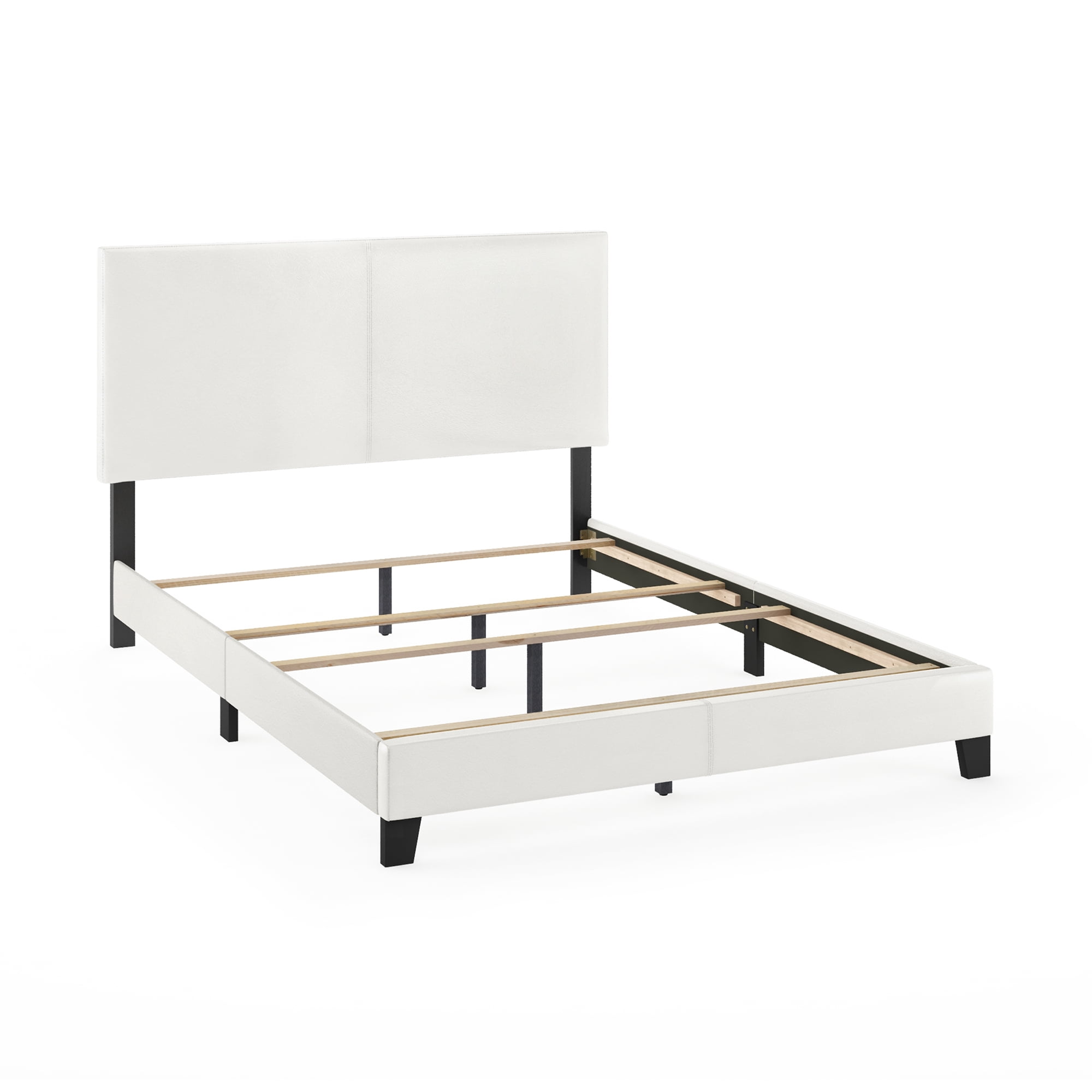 Furinno PESSAC Queen Upholstered Bed Frame with PU Leather Headboard and Wooden Slat Support, Plain White