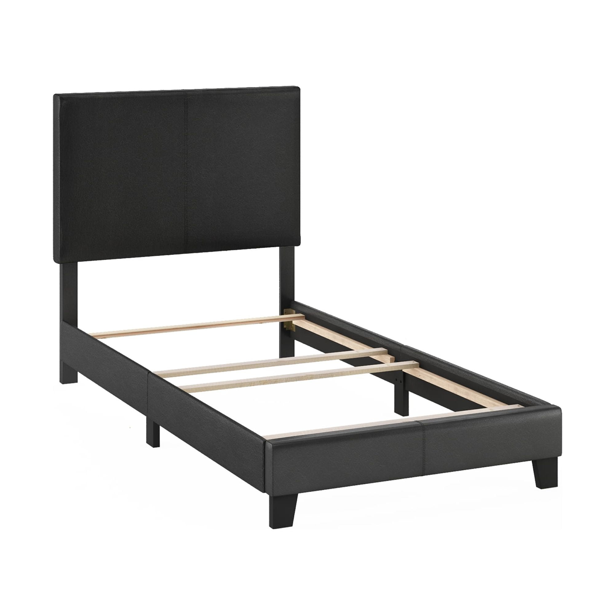 Furinno PESSAC Twin Upholstered Bed Frame with PU Leather Headboard and Wooden Slat Support, Plain Black