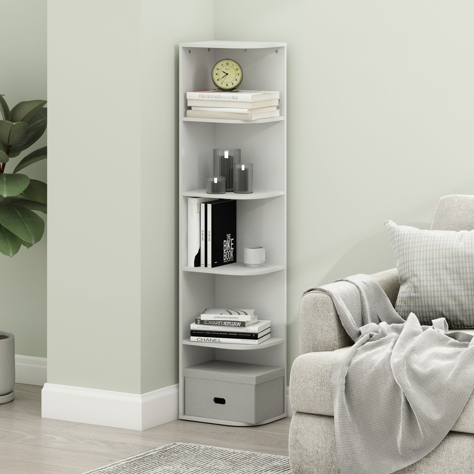 Furinno, Corner Open Shelf Bookcase, 5-Tier, White - Walmart.com
