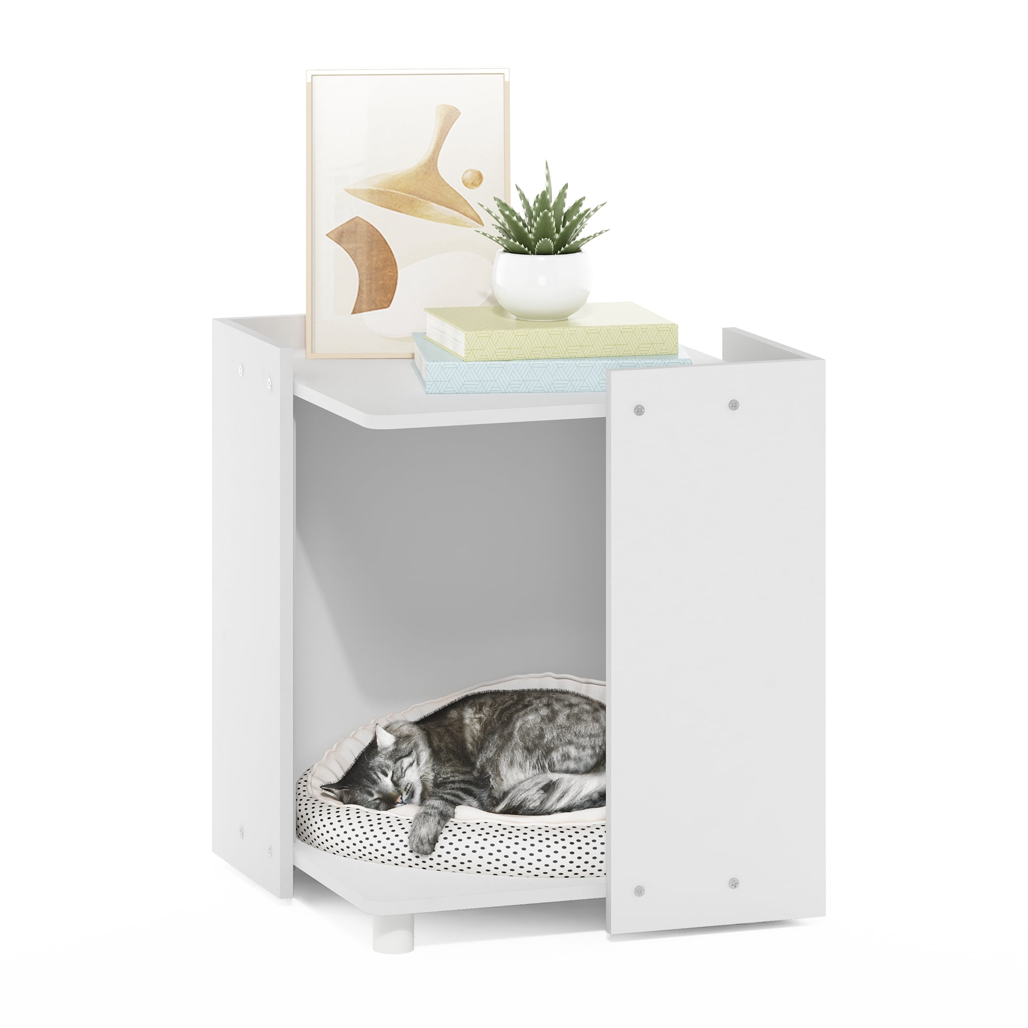 Furinno Peli Cat Litter Box Enclosure, 17-Inch Hidden Litter Box Furniture with Open Storage, Wooden Pet House, Easy Assembly, for Living Room, Plain White