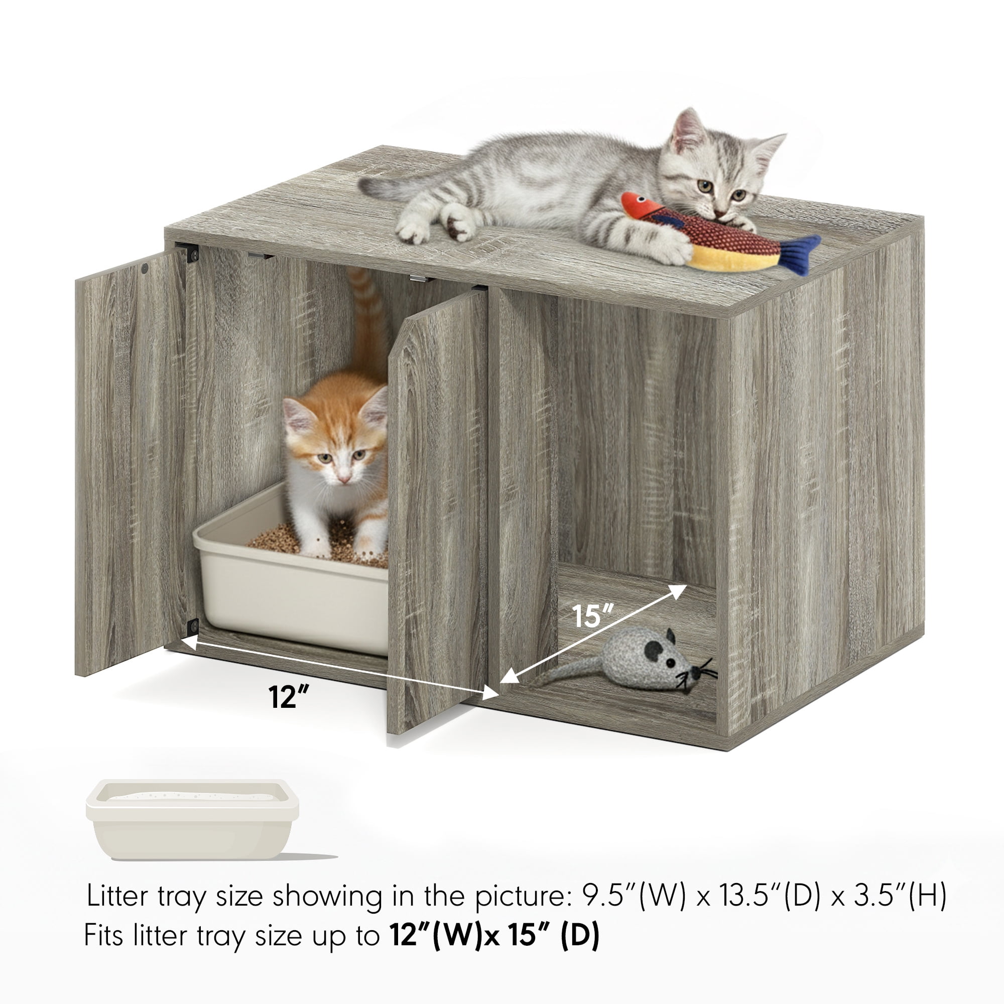 Furinno Peli Cat Litter Box Enclosure, 24 Inch Hidden Litter Box Furniture with Side Entrance, Wooden Pet House with Doors, Easy Assembly, for Living Room, Grey Oak